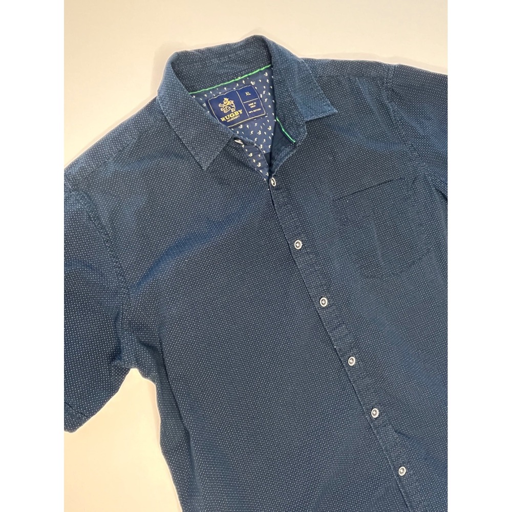 RUGBY UNIVERSITY Mens XL Navy Blue Dotted Button Up Shirt 100% Cotton